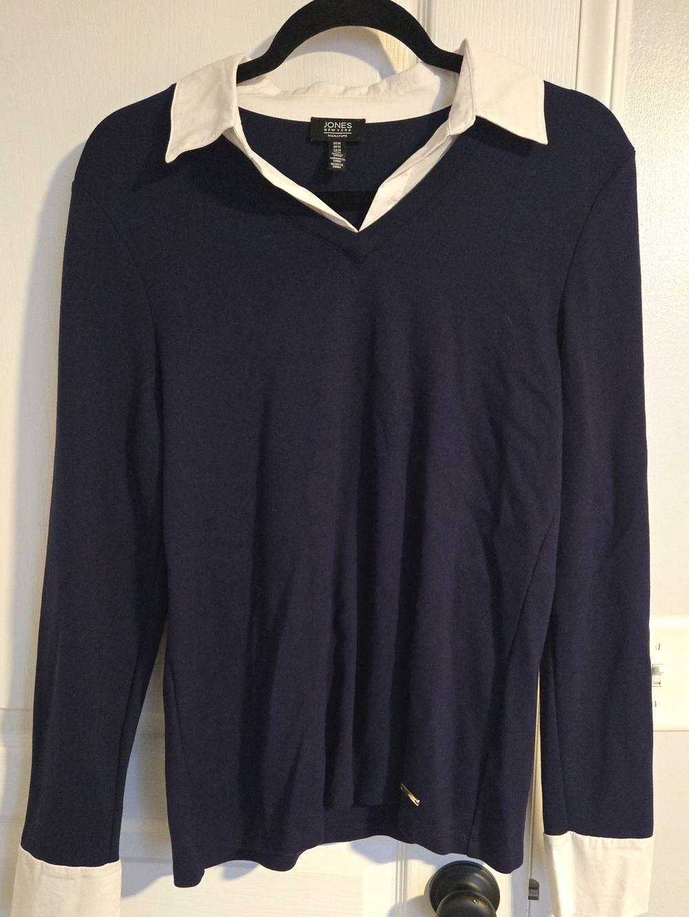 Jones New York Navy V-Neck Shirt with White Collar & Cuffs